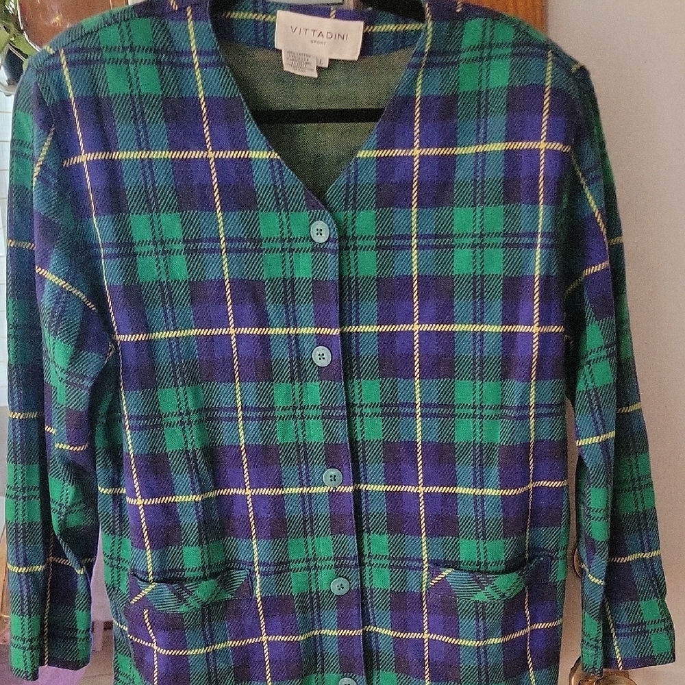 Vintage Vittadini Green and Blue Plaid Cardigan & Skirt Set!